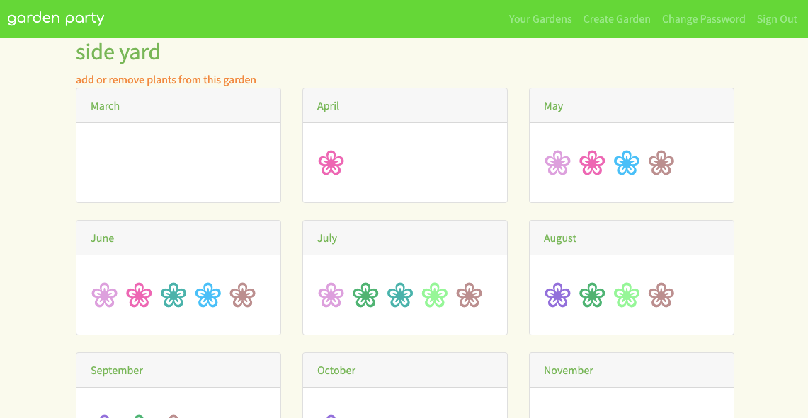 screenshot of garden party app